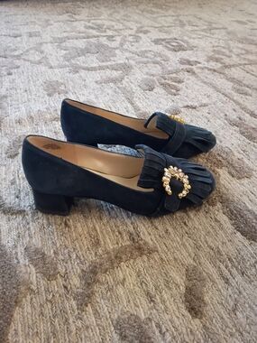 BusinessCasual Glam Chic Nine West Navy Suede Loafers with Gold Crystal Accent